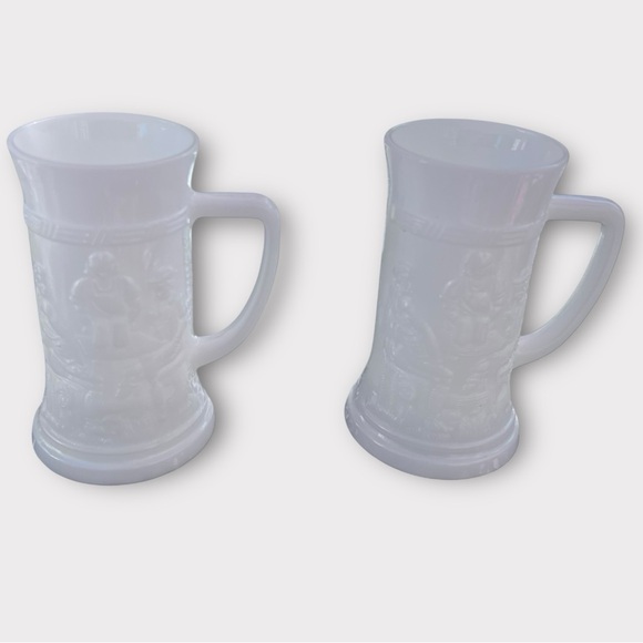 Milk Glass Beer Steins Mugs Set 2 VTG Tavern German Scene Federal Glass Made USA